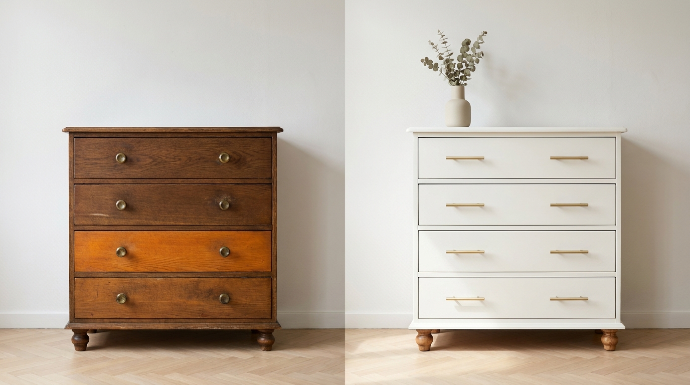 Meuble relooké avant/après : 8 paires IA + fiches 2026