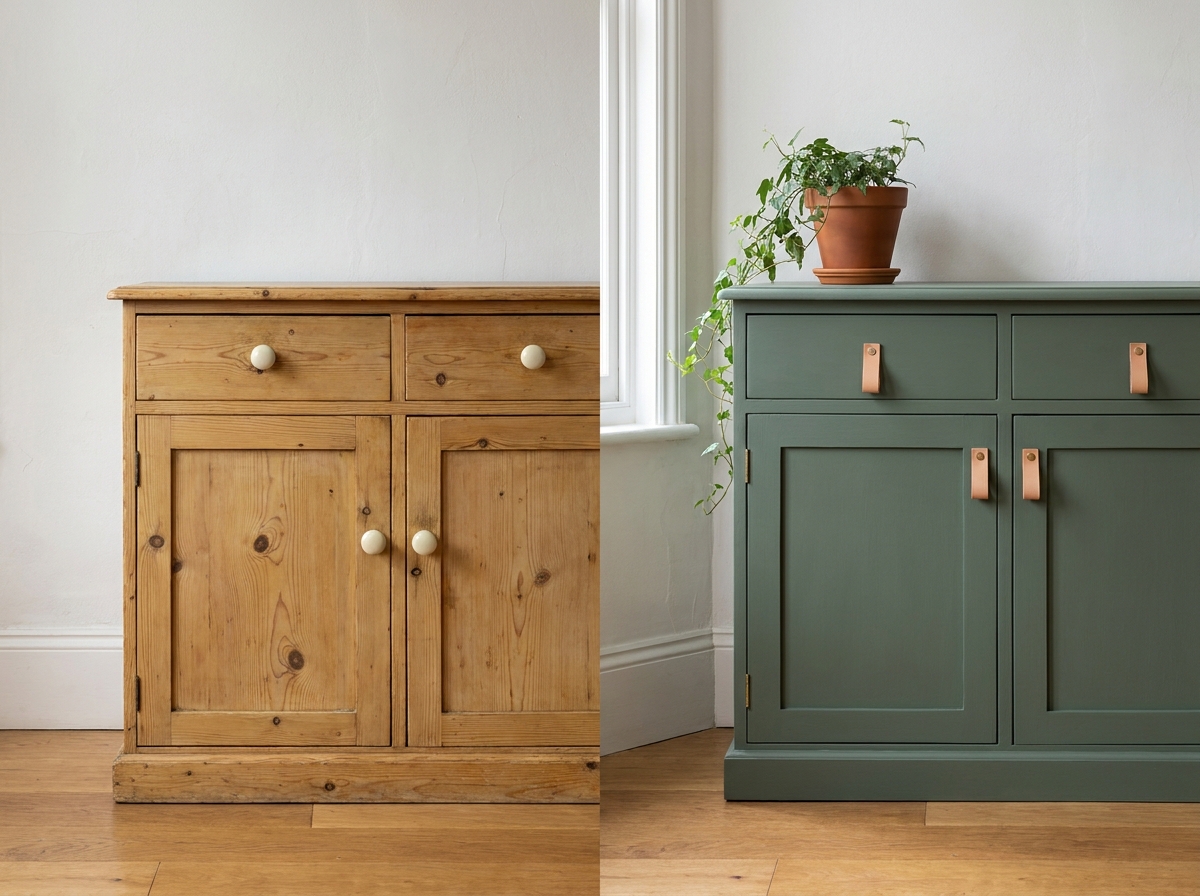 Buffet en pin avant/après relooké en vert sauge mat avec tirettes cuir tannage végétal