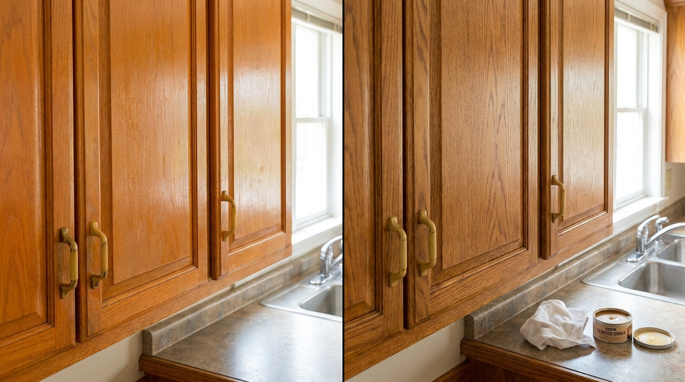 Honey oak cabinets refinished with dark tinted wax, no paint