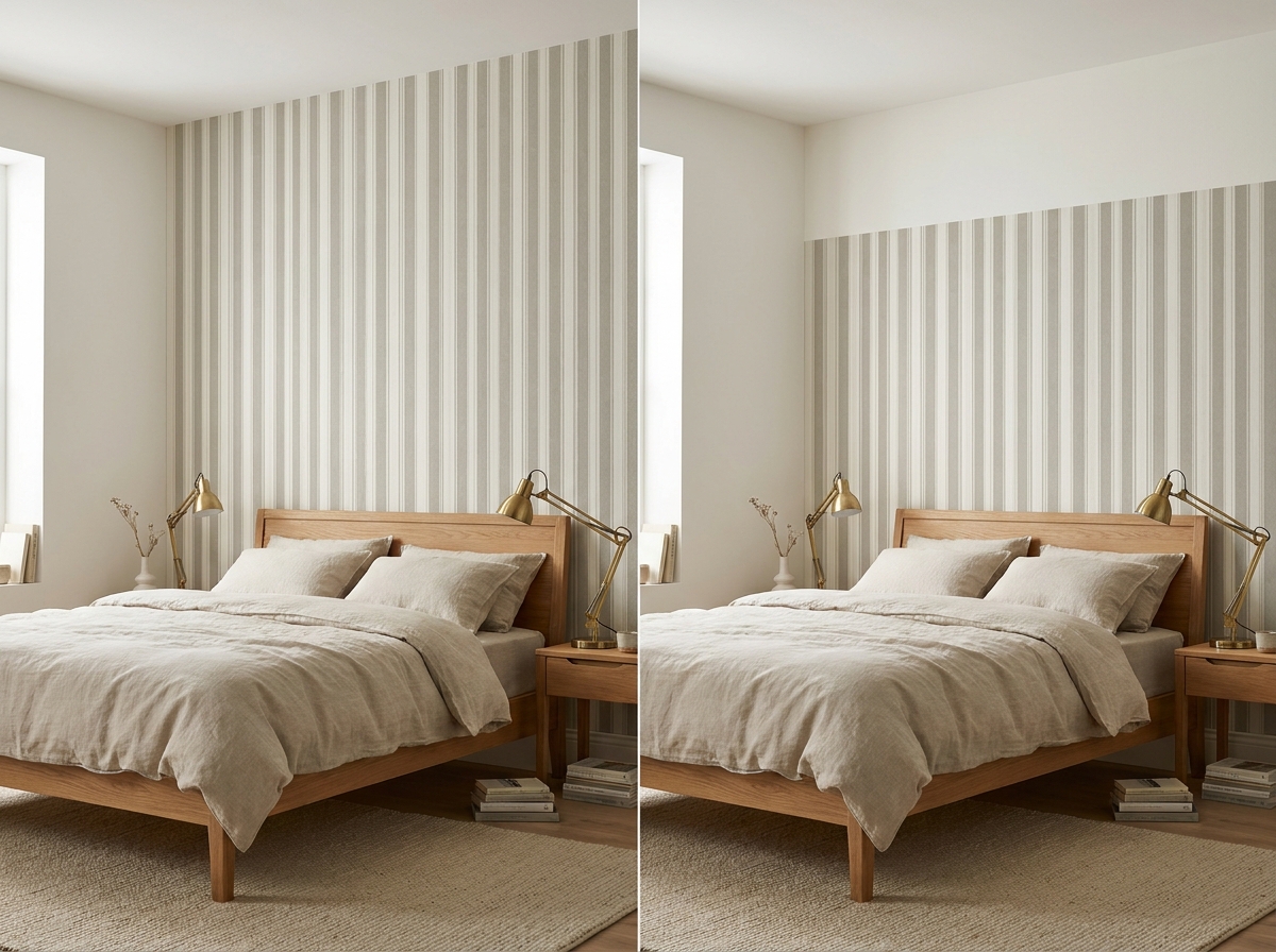 Accent wall behind bed height comparison, ceiling-run wallpaper versus door-jamb stop