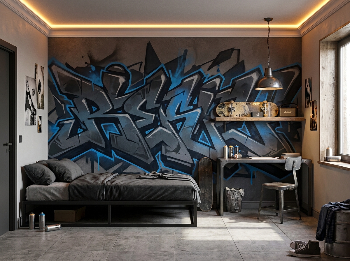 Pojan nuorisohuone street art -tyyli — tumma graafinen seinä Homeify