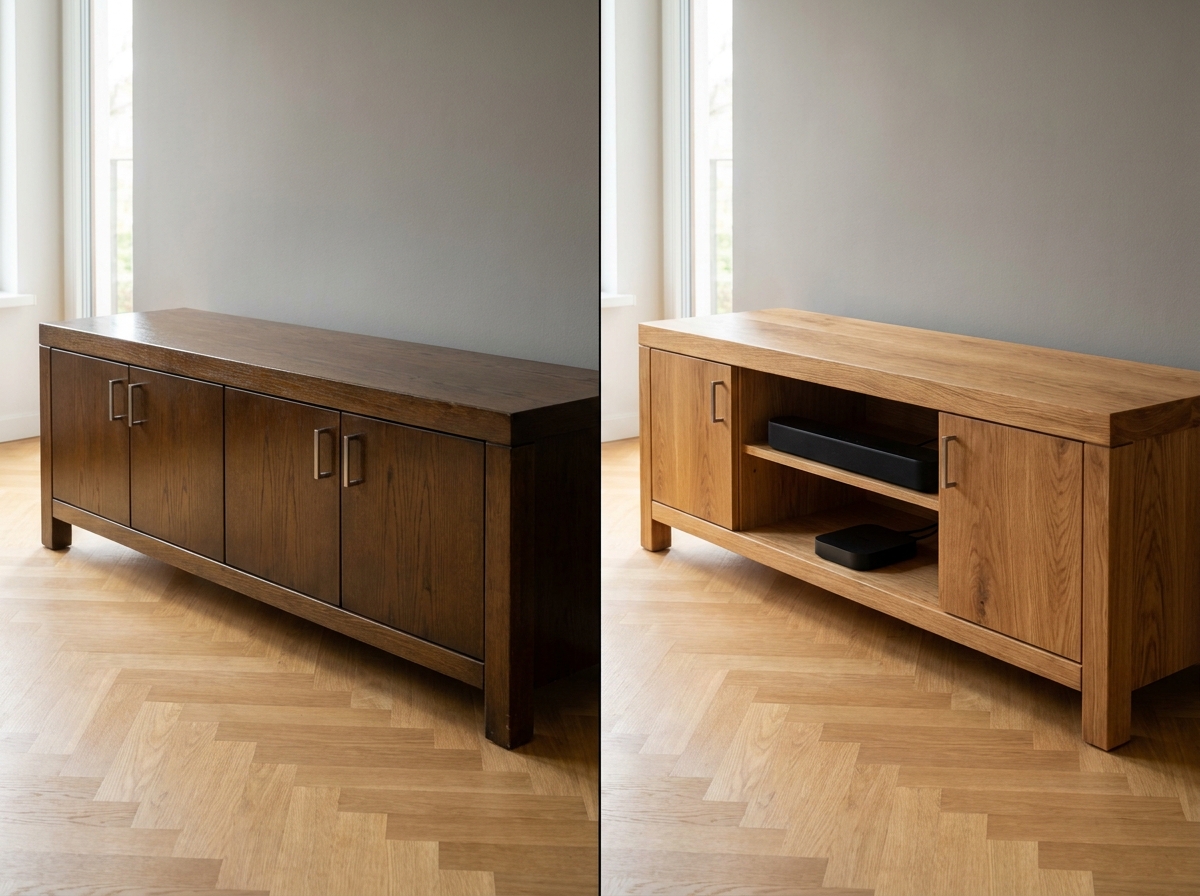 Meuble TV avant/après chêne foncé verni devenu chêne naturel huilé avec niches ouvertes