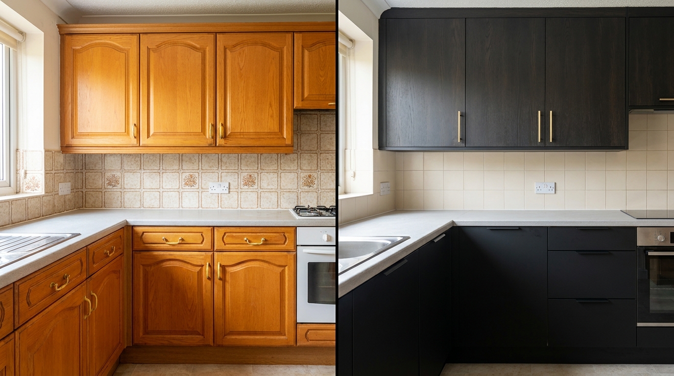 Oak kitchen with replacement white oak slab cabinet doors only