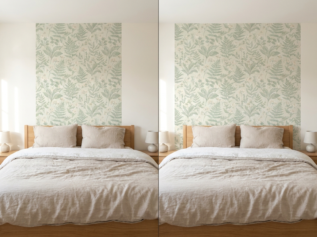 Wallpaper headboard width comparison, narrow panel versus panel wider than the bed