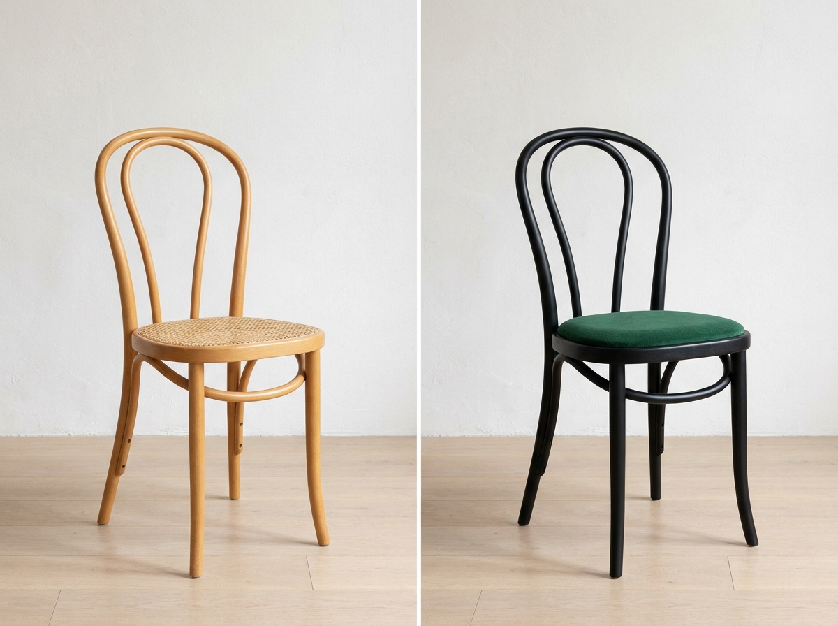 Chaise bistrot avant/après avec paille naturelle remplacée par velours vert émeraude et cadre noir mat