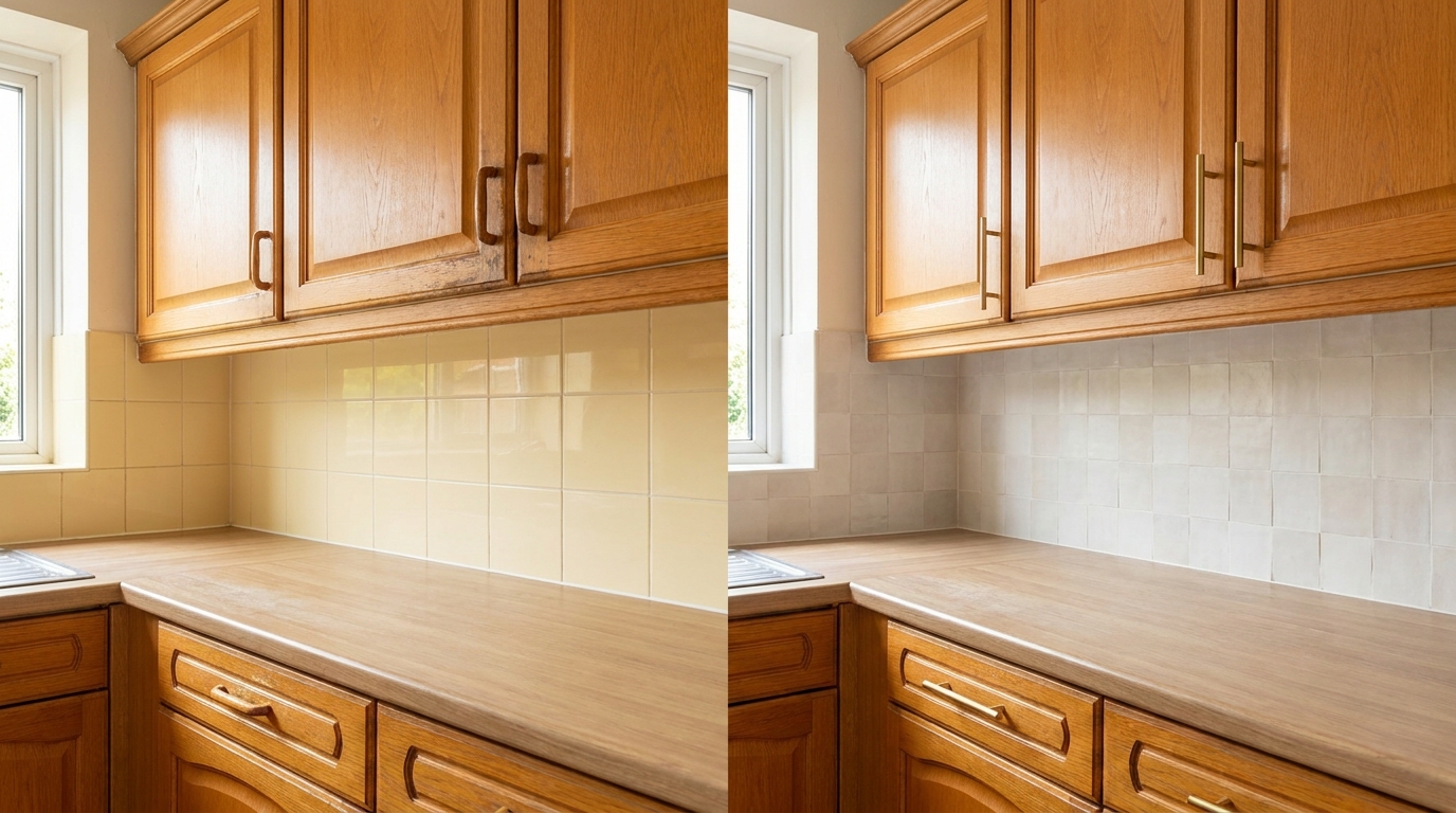 Honey oak kitchen with peel-and-stick zellige white backsplash