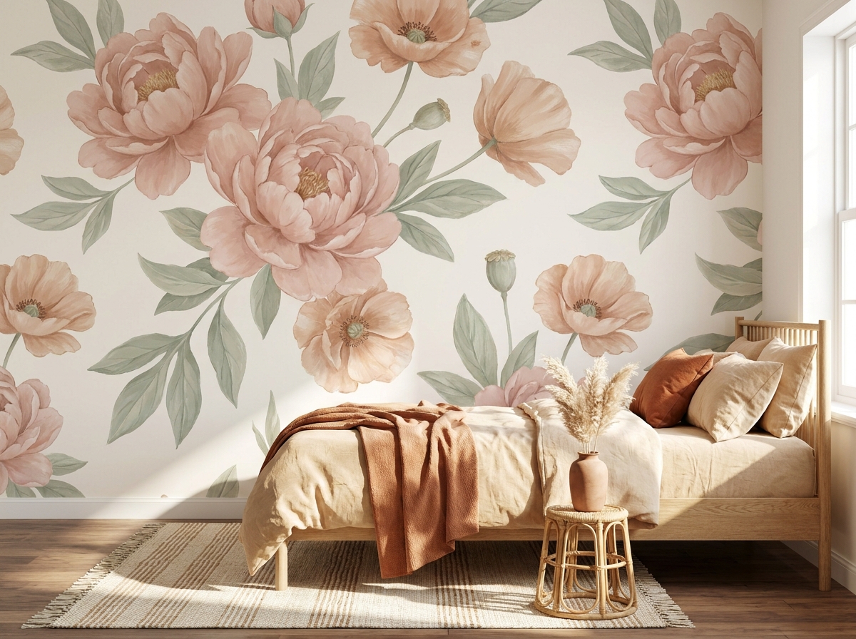 Master bedroom accent wall behind bed idea, botanical panoramic mural with terracotta accents