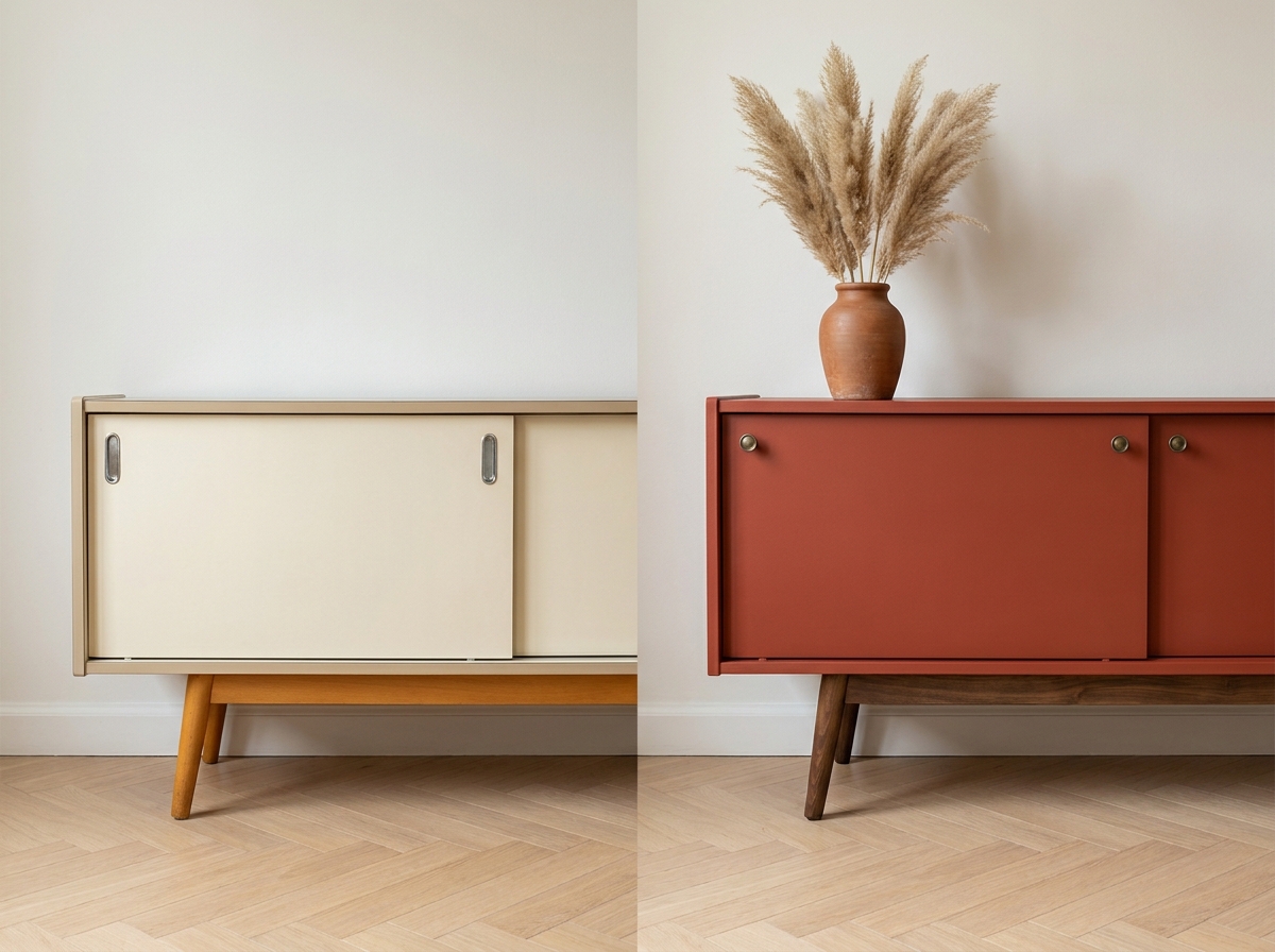 Buffet Formica crème années 60 avant/après relooké terracotta avec poignées laiton vieilli