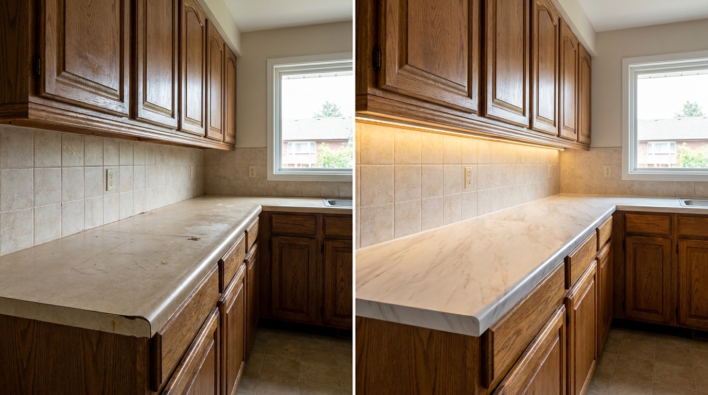 Honey oak kitchen with marble vinyl countertop and 3000K under-cabinet LEDs