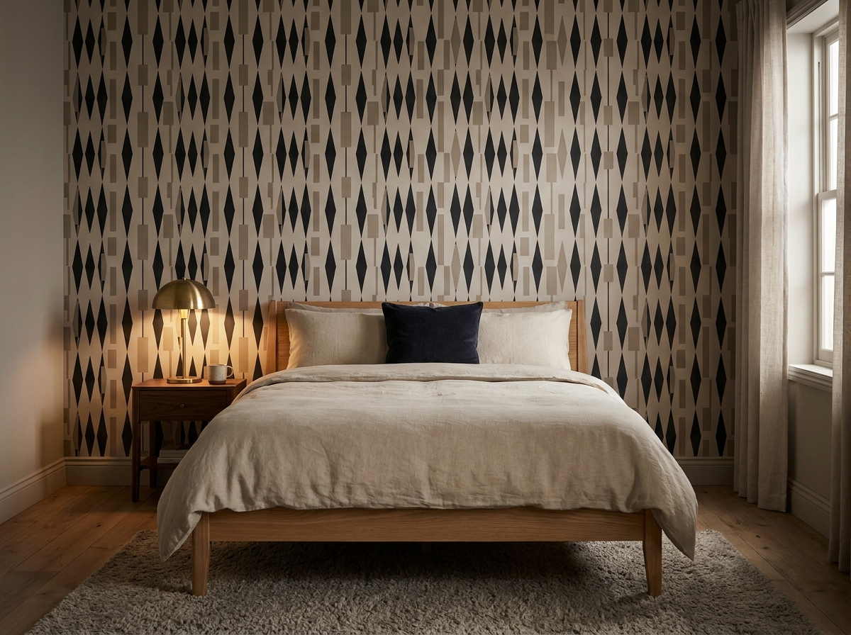 Bedroom accent wall behind bed with greige and charcoal geometric wallpaper headboard