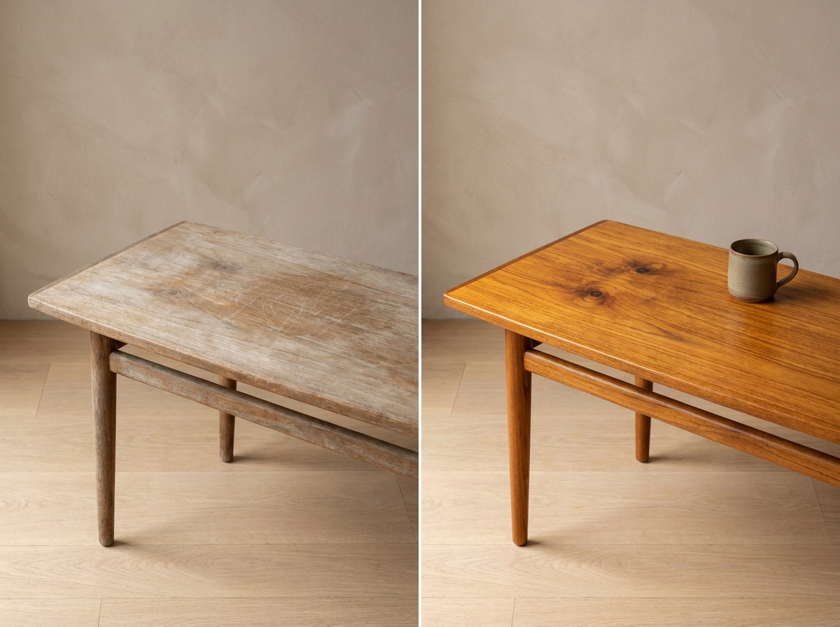 Table basse teck avant/après plateau grisaillé ravivé à l'huile dure finition mid-century