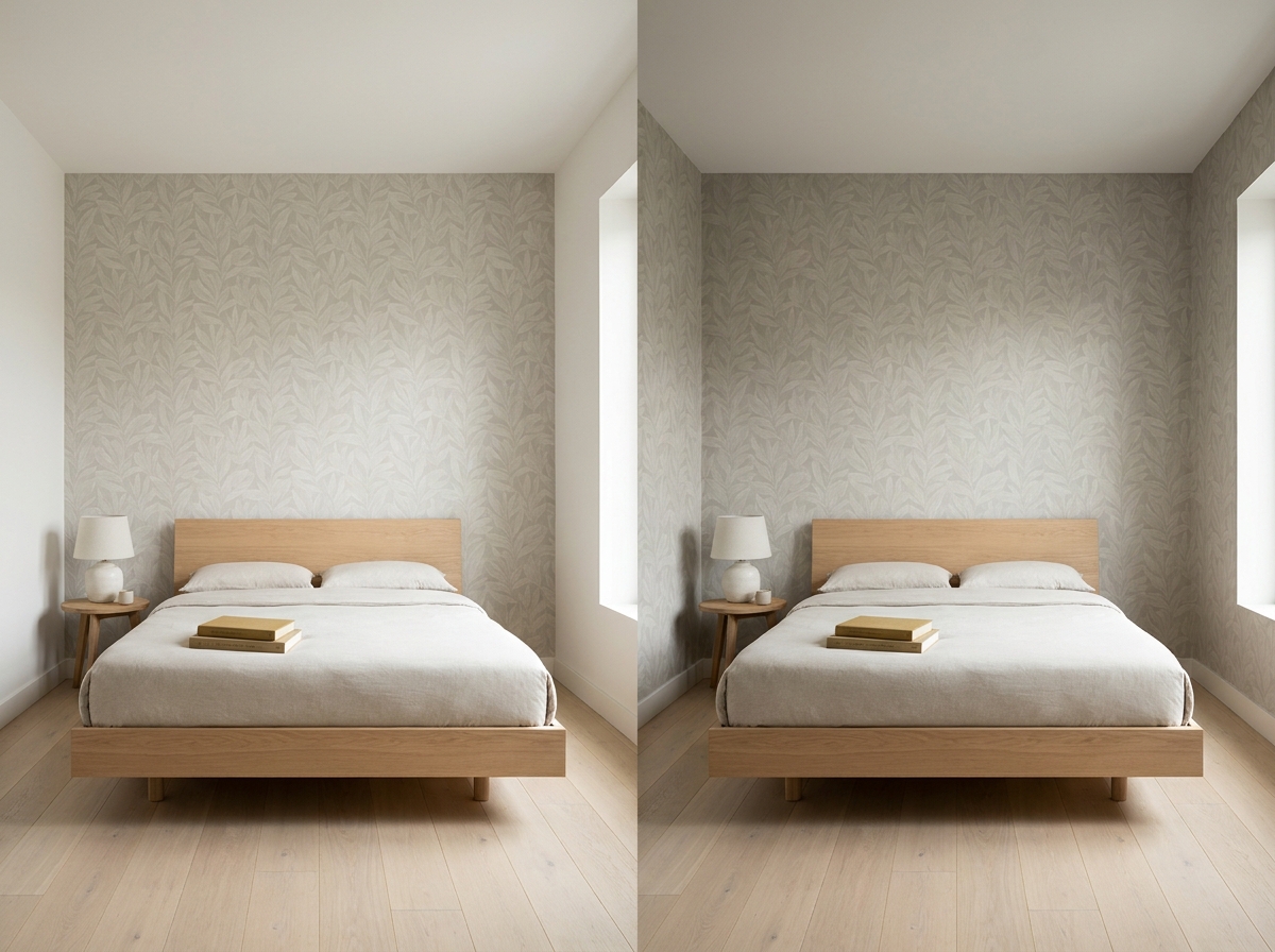 Gleiches Schlafzimmer: eine Akzentwand vs. drei tapezierte Wände, gemütlich vs. eingeengt