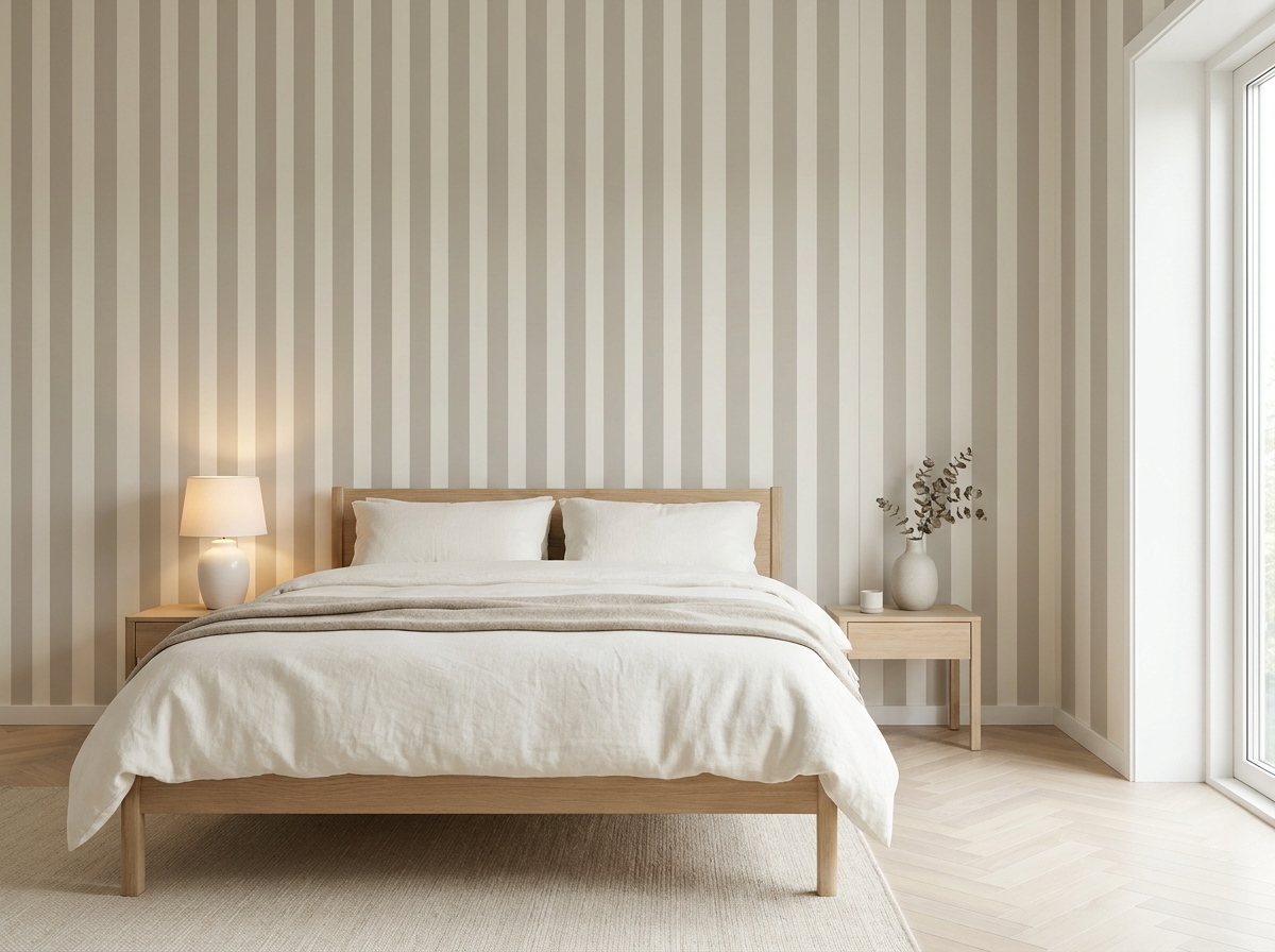 Accent wall behind bed with vertical stripe wallpaper, calm Scandinavian master bedroom