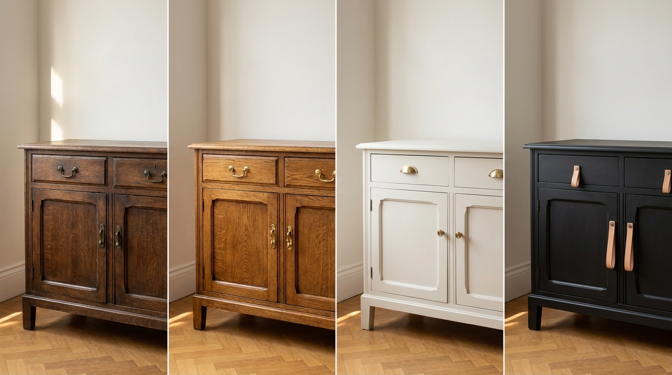 Omas Eichenschrank in vier Zukünften: Original, Wachs, skandinavisch cremeweiß, modern mattschwarz