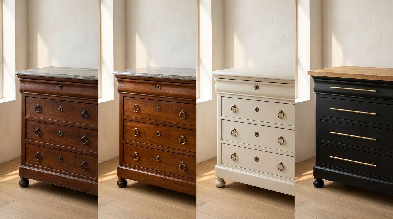Louis-Philippe-Kommode Kirschbaum in vier Restaurierungsvarianten für alte Möbel restaurieren
