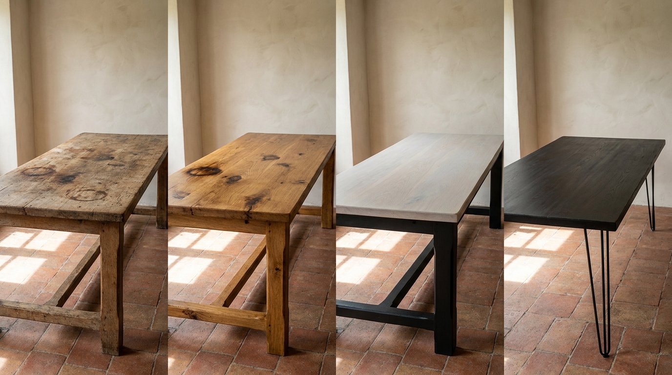 Massiver Bauerntisch Eiche in vier Finishes: Original, Hartwachsöl, gekalkte Platte, anthrazit