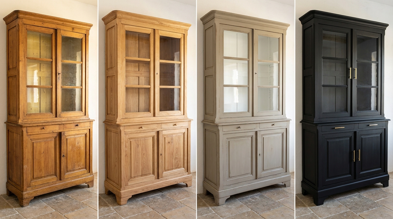 Bauernschrank mit Glaseinsätzen in vier Restaurierungsvarianten für alte Möbel restaurieren vintage