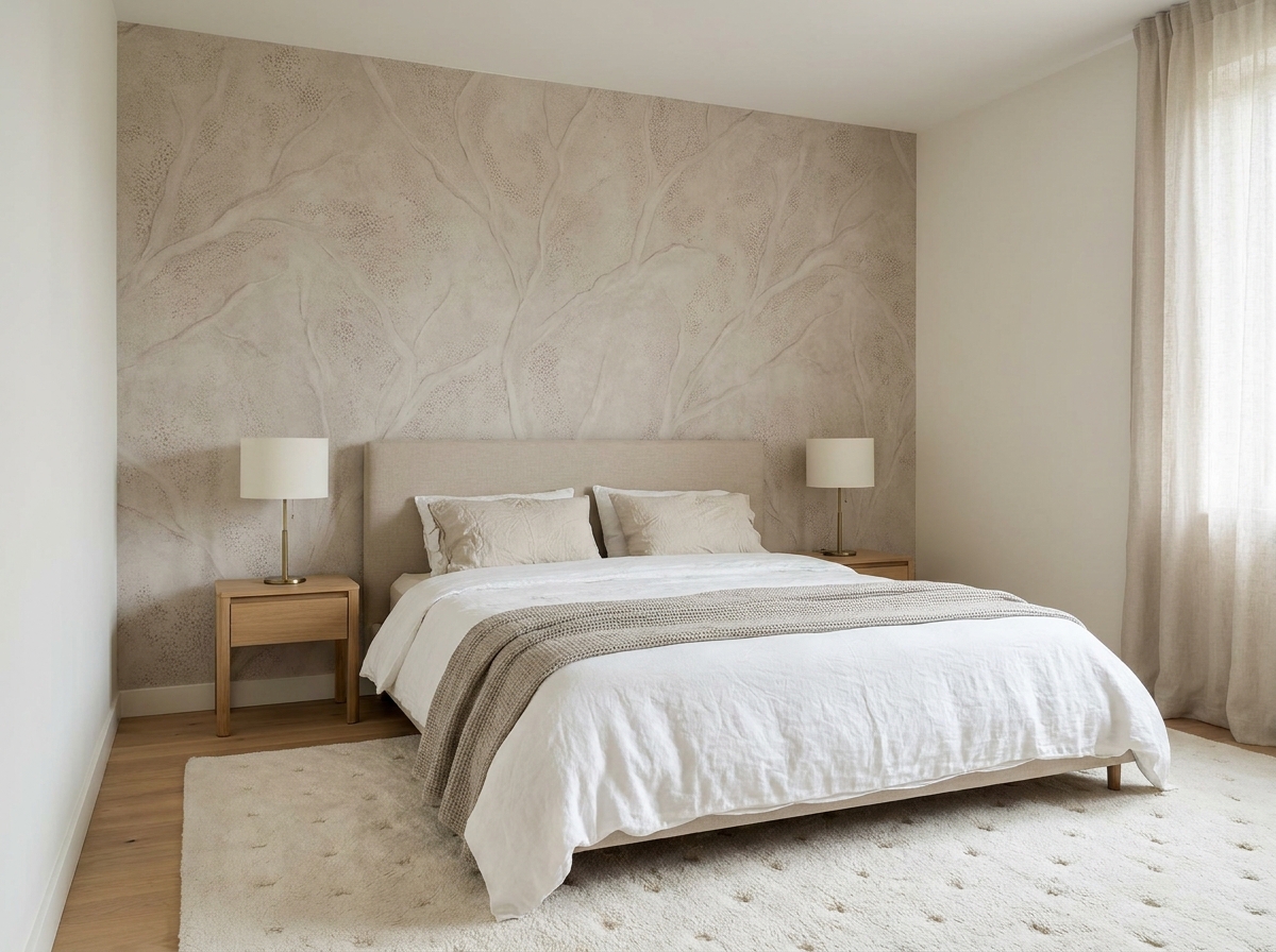 Mur d'accent cocooning en greige texturé à motif organique chaud derrière la tête de lit