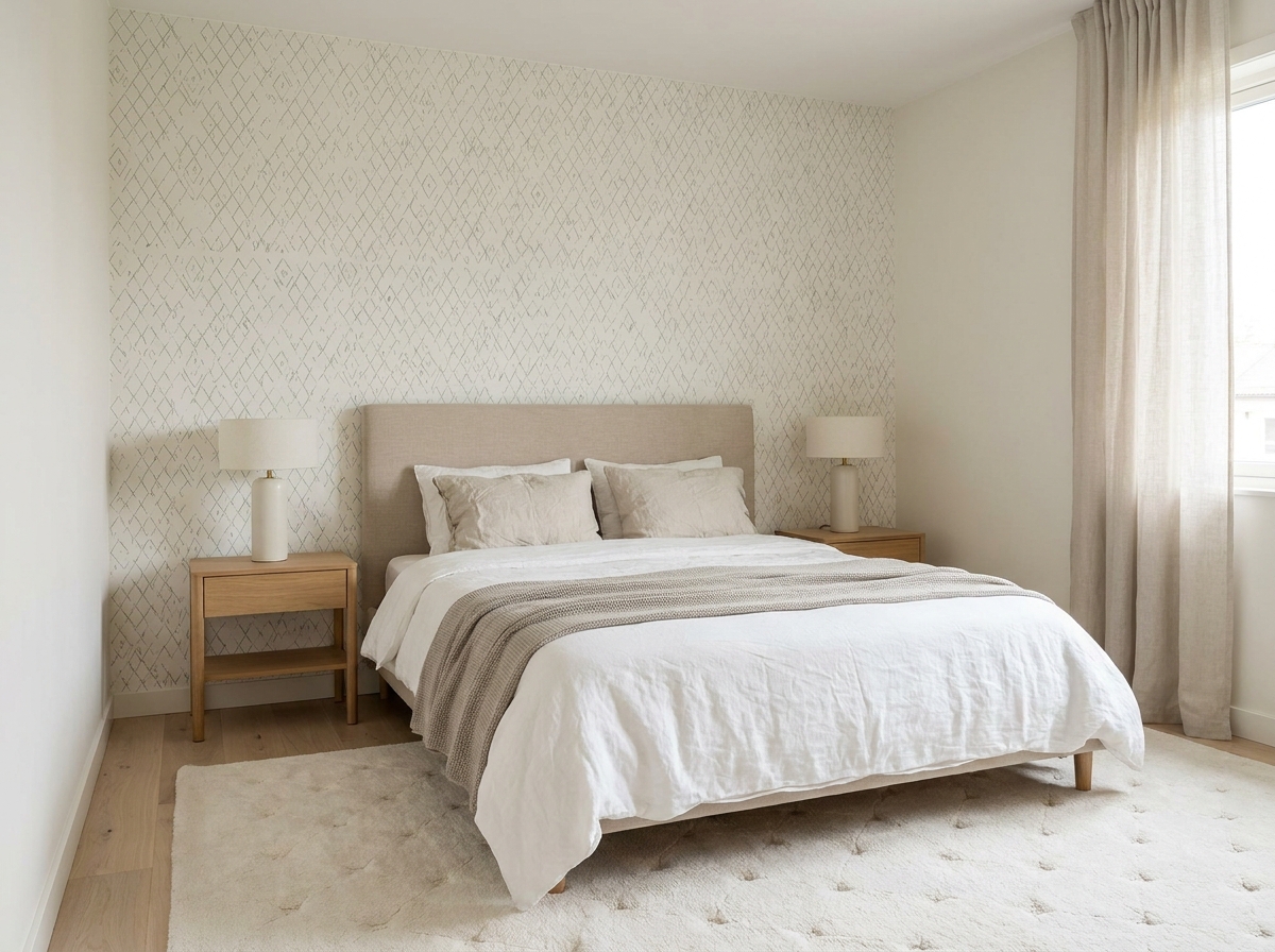 Mur d'accent scandi en blanc cassé à losanges sauge derrière le lit en bois clair