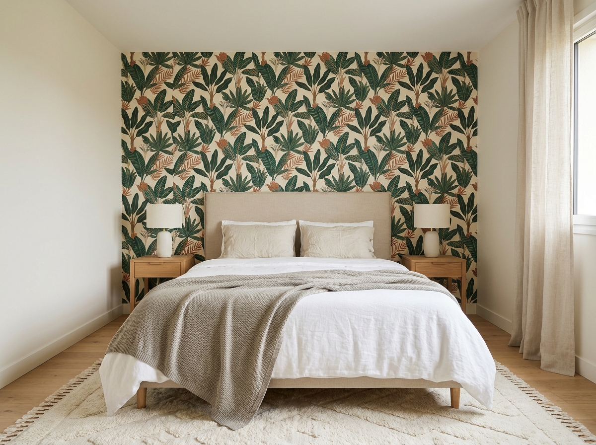 Mur d'accent boho avec motif jungle vert sapin et terracotta derrière le lit