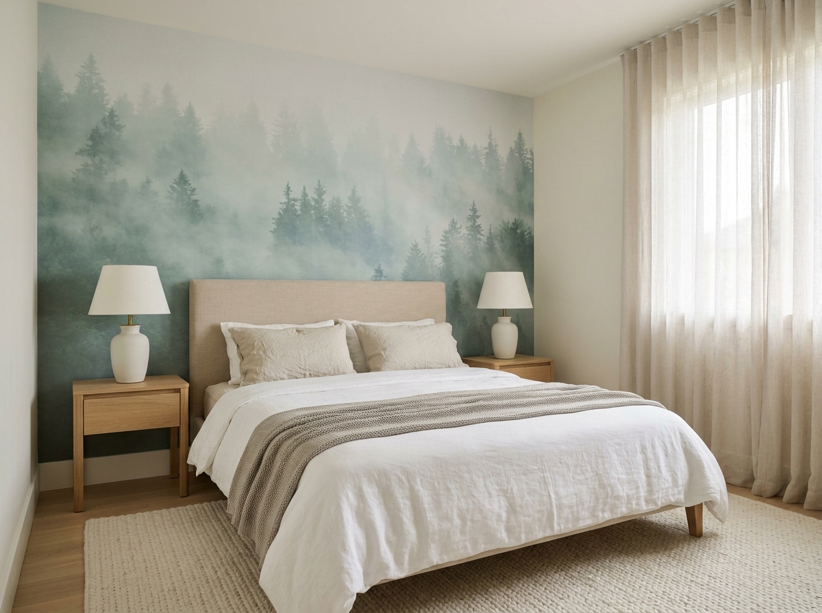 Papier peint panoramique chambre représentant une forêt brumeuse vert-bleuté derrière le lit